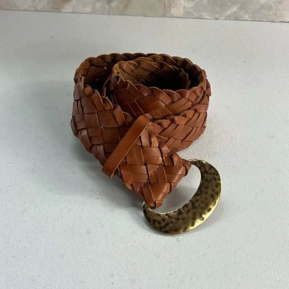 Coldwater Creek Braided Belt Women's L Brown Leather With Hammered Brass Buckle